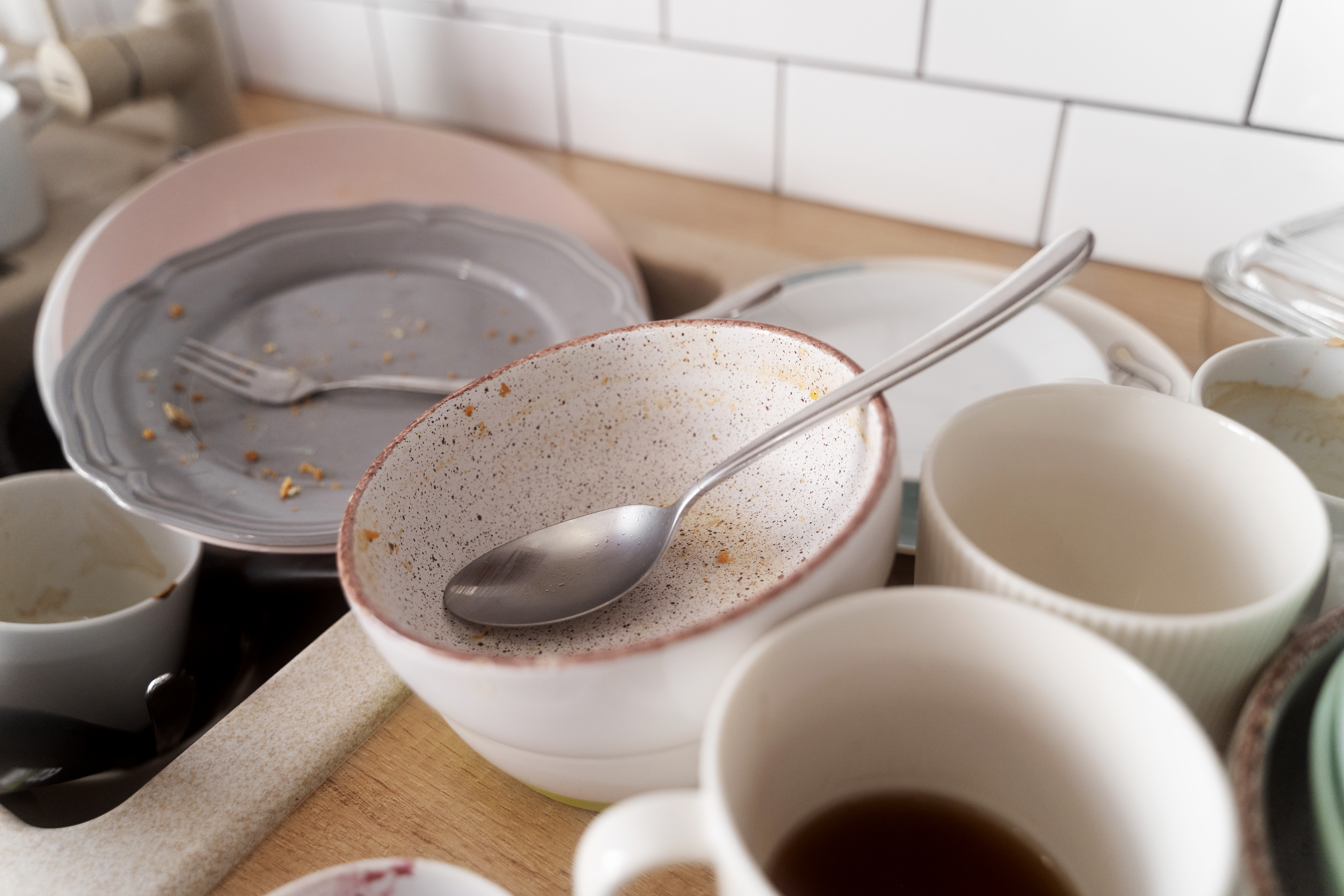 High angle dirty home concept with dishes